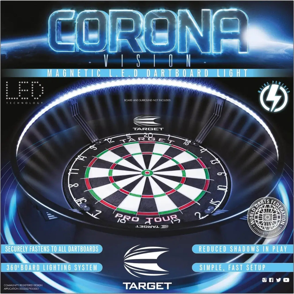 Corona Vision LED dartboard light with a dartboard